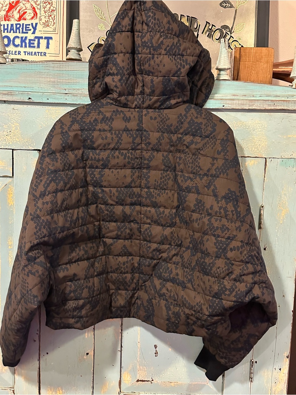 CAbi Brown Quilted Python Print Hooded Shawl-Collar Puffer Jacket - Picture 2 of 7